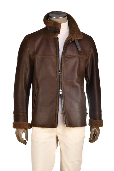 Hettabretz Leather Zip Up Belt Collar Shearling Coat In Brown