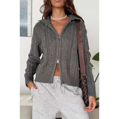 Truedames Solid Cable Knit Drop Shoulder Zipper Cardigan In Gray