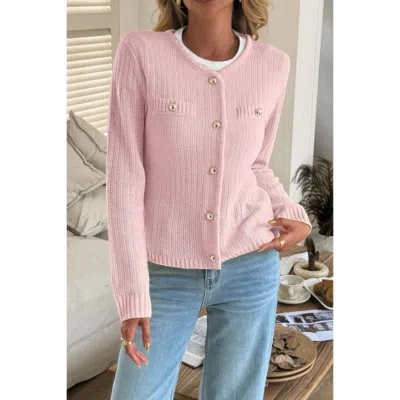 Truedames V Neck Cropped Long Sleeve Texture Knit Sweater In Pink