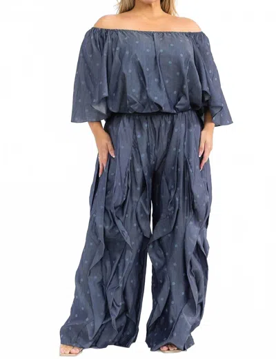 Karen T Design Off Shoulder Top And Pleated Trouser Set In Blue In Blue