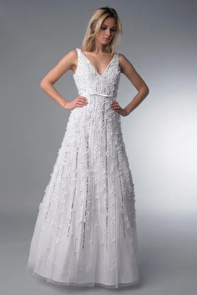 Basix Black Label Sleeveless V Neck Gown With Laser Cut Floral Motif In White