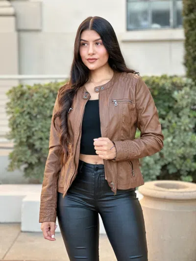 Truedames Woman Fashion Hooded Faux Leather Jacket In Brown