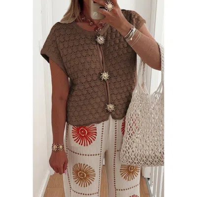 Truedames Crochet Short Sleeve Button Front Sweater In Brown