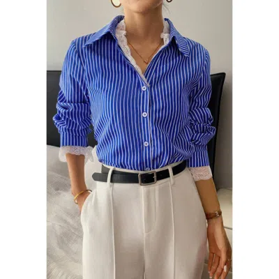 Truedames Striped Button Down Lace Detail Loose Shirt In Blue