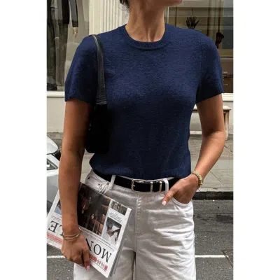 Truedames Solid Wool O Neck Knit Short Sleeve Shirt In Blue