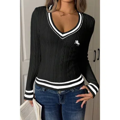Truedames V Neck Cable Knit Long Sleeve Fit Sweater In Multi