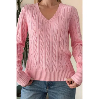Truedames Cable Knit V Neck Long Sleeves Fit Sweater In Pink