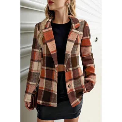 Truedames Plaid Lapel Collar Long Sleeve Button Coat In Brown