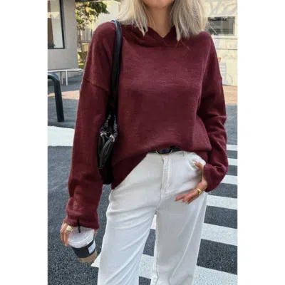 Truedames Solid Knit Long Sleeve Loose Hooded Sweater In Burgundy