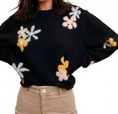 In-loom Floral Crew Neck Sweater In Black In Black