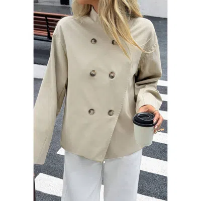 Truedames Double Breasted V Neck Trench Long Sleeve Coat In White
