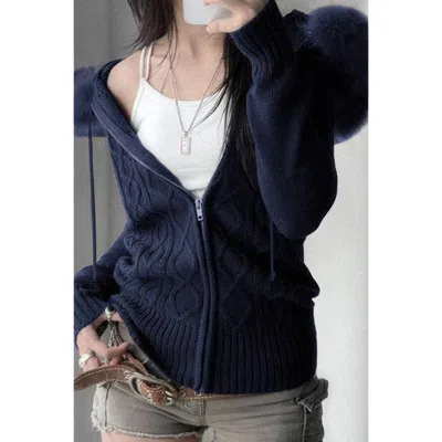 Truedames Solid Zipper Twist And Fur Stitching Jacket In Blue