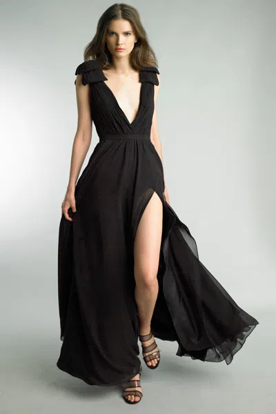 Basix Black Label Pleated Deep V Gown In Black