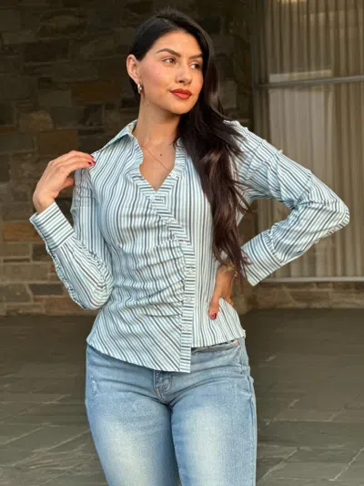 Truedames Stripe Asymmetric Button-down Detail Ls Blouse In Gray