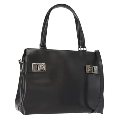 Pre-owned Ferragamo Double Gancini Side Buckle Tote Leather Leather Handbag () In Black
