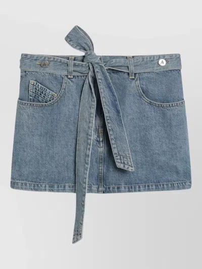 Attico Denim Mini Skirt With Pockets And Belt In Blue