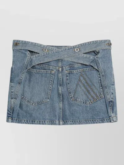 Attico Denim Mini Skirt With Pockets And Belt In Blue