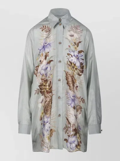 Zimmermann Floral Print Long Sleeve Collared Shirt In Gray