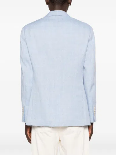 Brunello Cucinelli Linen And Wool Chevron Blazer Light Blue In Blue