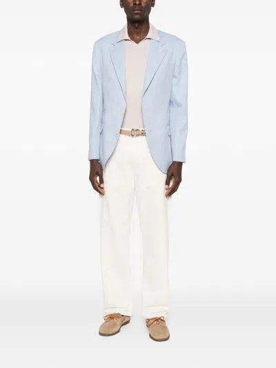 Brunello Cucinelli Linen And Wool Chevron Blazer Light Blue In Blue