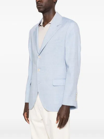Brunello Cucinelli Linen And Wool Chevron Blazer Light Blue In Blue
