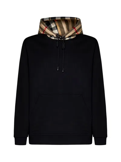 Burberry Black Sweatshirt With Vintage Check Printed Hood In Cotton