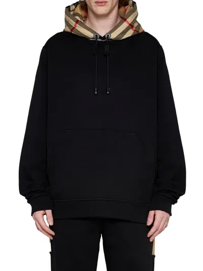 Burberry Black Sweatshirt With Vintage Check Printed Hood In Cotton