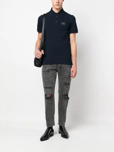 Dolce & Gabbana Men Logo Cotton Polo Shirt In Blue