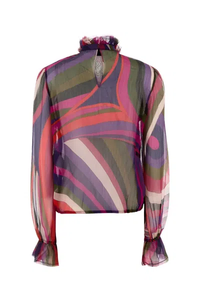 Pucci Canvas Blouse Sheer Long Sleeves Keyhole In Multi