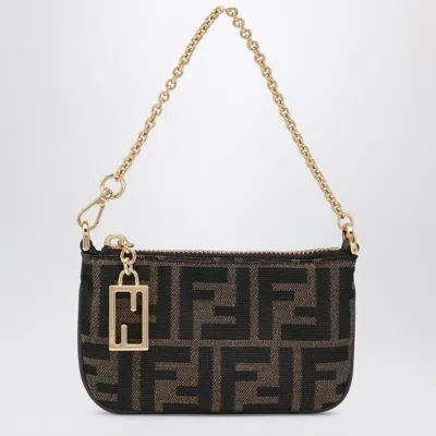 Fendi Brown Jacquard Ff Fabric Baguette Pouch With Chain Women In Brown