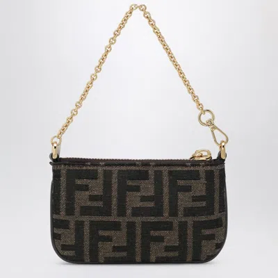 Fendi Brown Jacquard Ff Fabric Baguette Pouch With Chain Women In Brown
