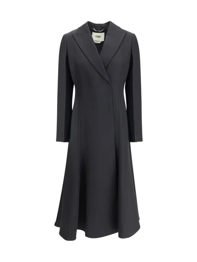Fendi Women Coat In Wool Grain De Poudre In Black