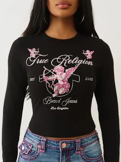 True Religion Women's Crystal Cupid Long Sleeve Baby T-shirt In Black
