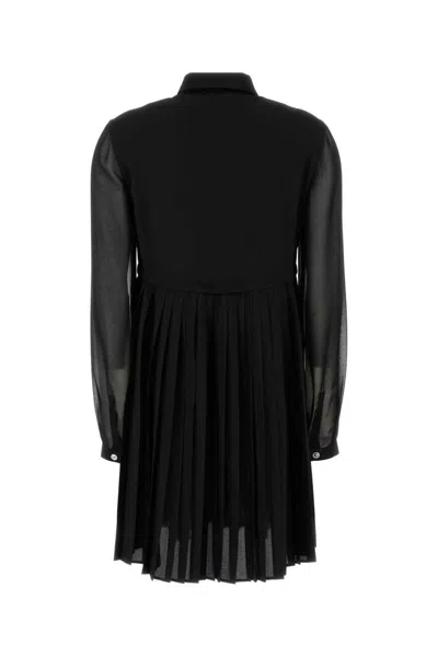 Versace Mini Dress With Pleated Skirt And Sheer Sleeves In Black