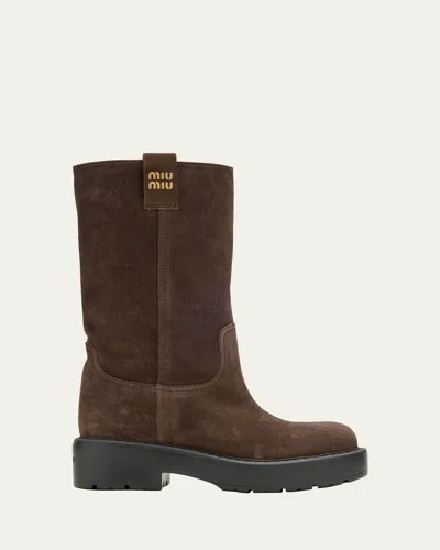 Miu Miu Suede Tall Moto Boots In Brown