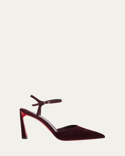 Christian Louboutin Condora Suede Ankle-strap Red Sole Pumps In Burgundy
