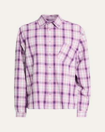 Erl Men's Plaid Button-down Shirt With Assymetric Pocket In Purple