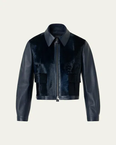 Akris Sady Lamb Shearling Paneled Short Leather Jacket In Blue