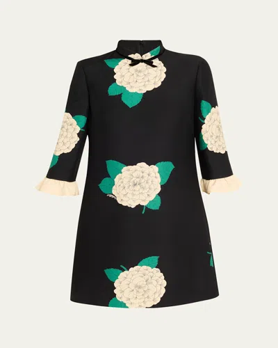 Valentino Apres Lhiver Macro Ortensia Mini Dress With Bow In Black
