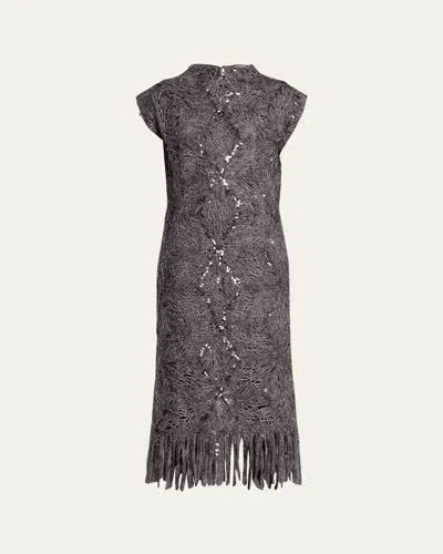 Brunello Cucinelli Frosty Sequined Wool-cashmere Fringe Midi Dress In Gray