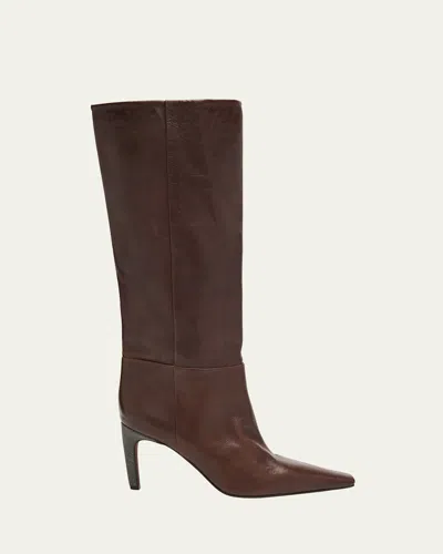 Brunello Cucinelli 80mm Leather Knee-high Boots With Monili Heel In Brown