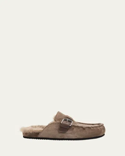 Brunello Cucinelli Suede Shearling-lined Mules In Brown