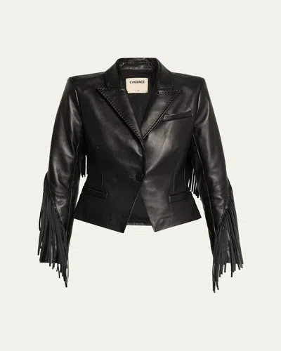 L'agence Vashti Fringed Lambskin Leather Blazer In Black