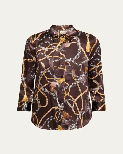 L'agence Dani Western Chain Print Silk Button-up Shirt In Brown