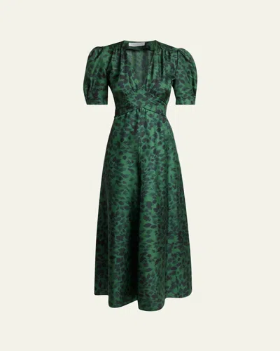 Gabriela Hearst Larkin Printed Satin Puff-sleeve Midi Dress In Green