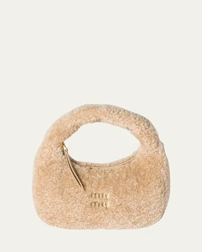 Miu Miu Wander Curly Shearling Top-handle Bag In Neutral
