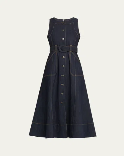 Cinq À Sept Cezanne Belted Denim Midi Dress In Purple
