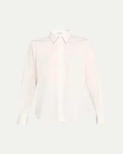 Brunello Cucinelli Monili-trim Cotton Poplin Button-down Shirt In White