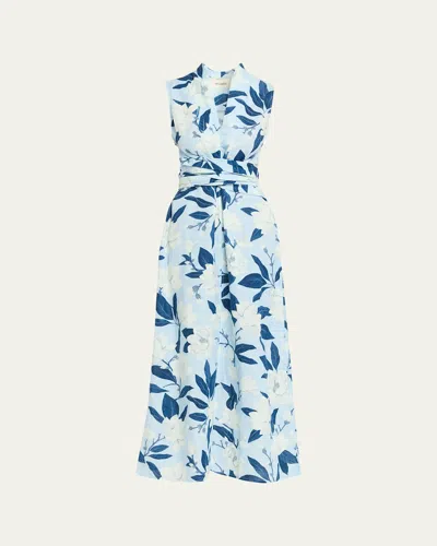 Verandah Hand-draped Linen-cotton Midi Dress In Blue