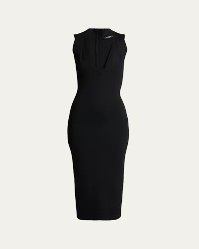 Balmain Plunging Crossover Strap Knit Midi Dress In Black